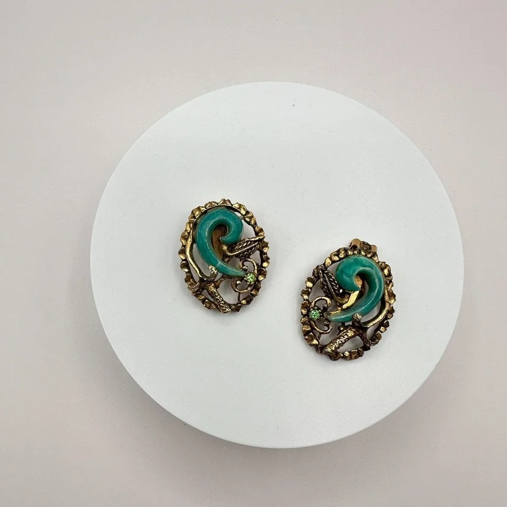 Vintage 80s Brass Tone Turquoise Green Cabochon Statement Clip Earrings Jewelry - Picture 6 of 9